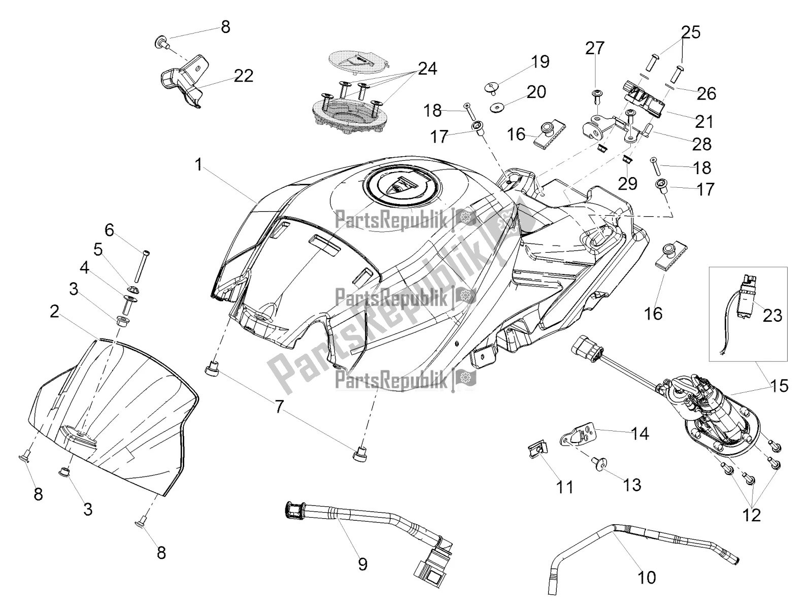 All parts for the Fuel Tank of the Aprilia Tuono V4 1100 RR ZD4 KGU 2017