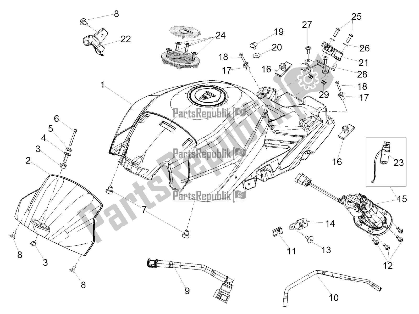 All parts for the Fuel Tank of the Aprilia Tuono V4 1100 RR ZD4 KGU 2018