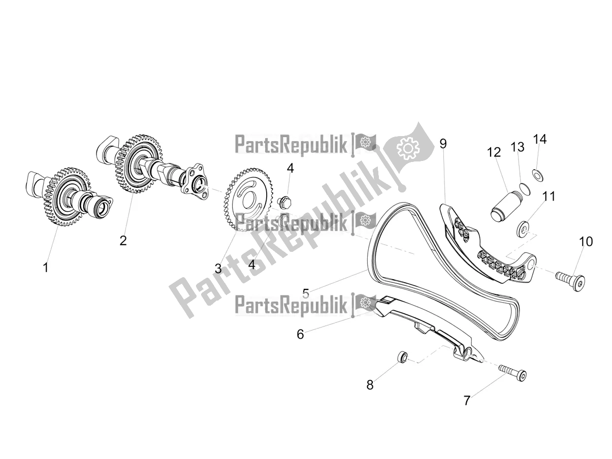 Alle onderdelen voor de Voorste Cilinder Timing Systeem van de Aprilia Tuono V4 1100 USA 2022