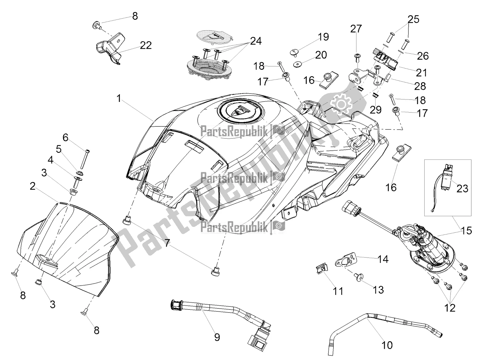 All parts for the Fuel Tank of the Aprilia Tuono V4 Factory 1100 Superpole Apac 2019