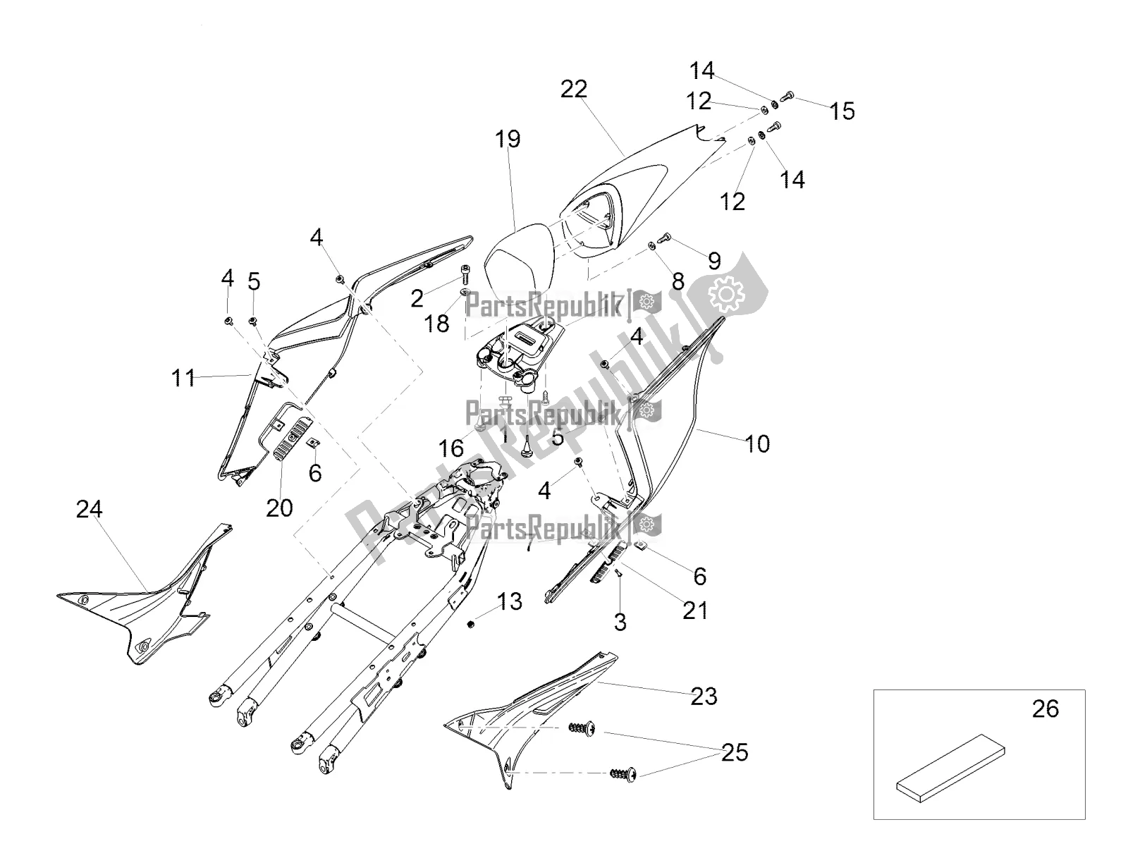 All parts for the Rear Body I of the Aprilia Tuono V4 Factory 1100 Superpole Apac 2019