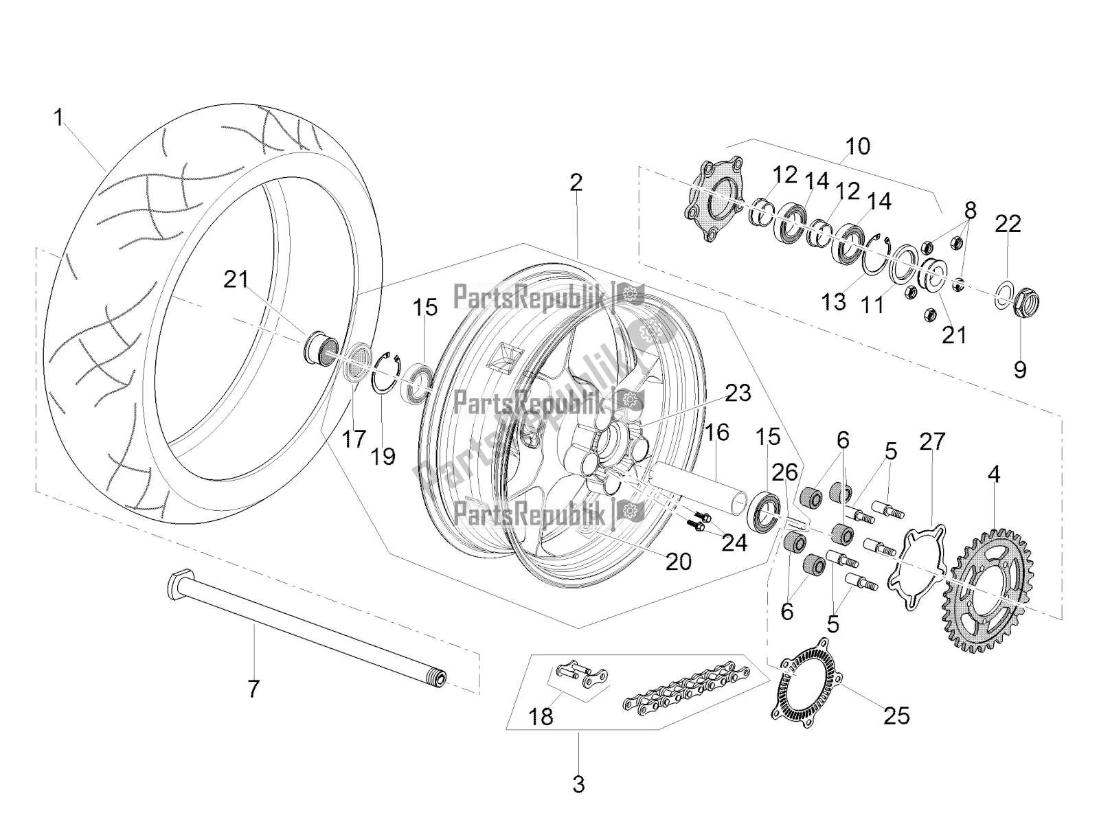 Toutes les pièces pour le Roue Arrière du Aprilia Tuono V4 Factory 1100 Superpole Apac 2019