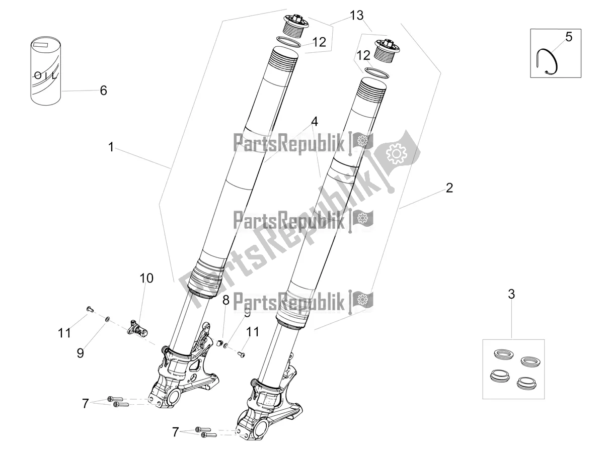 Alle onderdelen voor de Voorvork Ohlins van de Aprilia Tuono V4 Factory 1100 Superpole Apac 2020