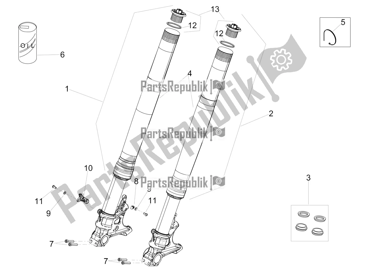 Alle onderdelen voor de Voorvork Ohlins van de Aprilia Tuono V4 Factory 1100 Superpole E5 2021