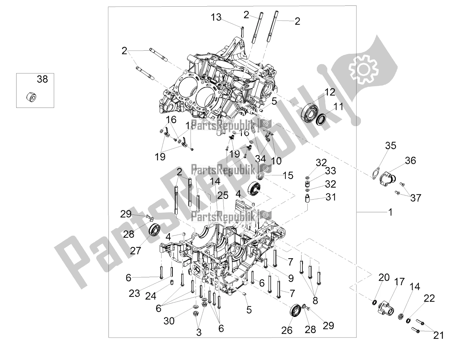 All parts for the Crank-case I of the Aprilia Tuono V4 Factory 1100 Superpole USA 2019