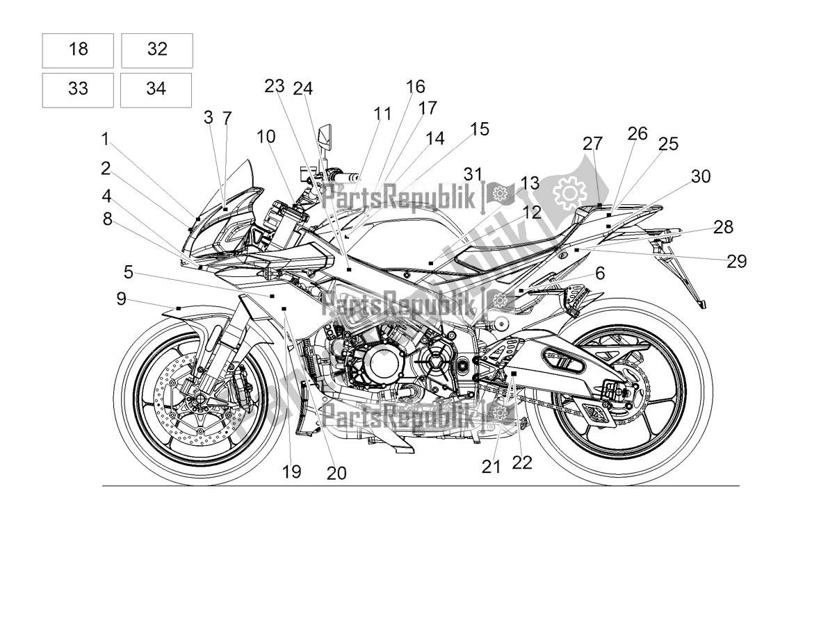 Todas las partes para Juego De Placas Y Calcomanía de Aprilia Tuono V4 Factory 1100 Superpole USA 2019