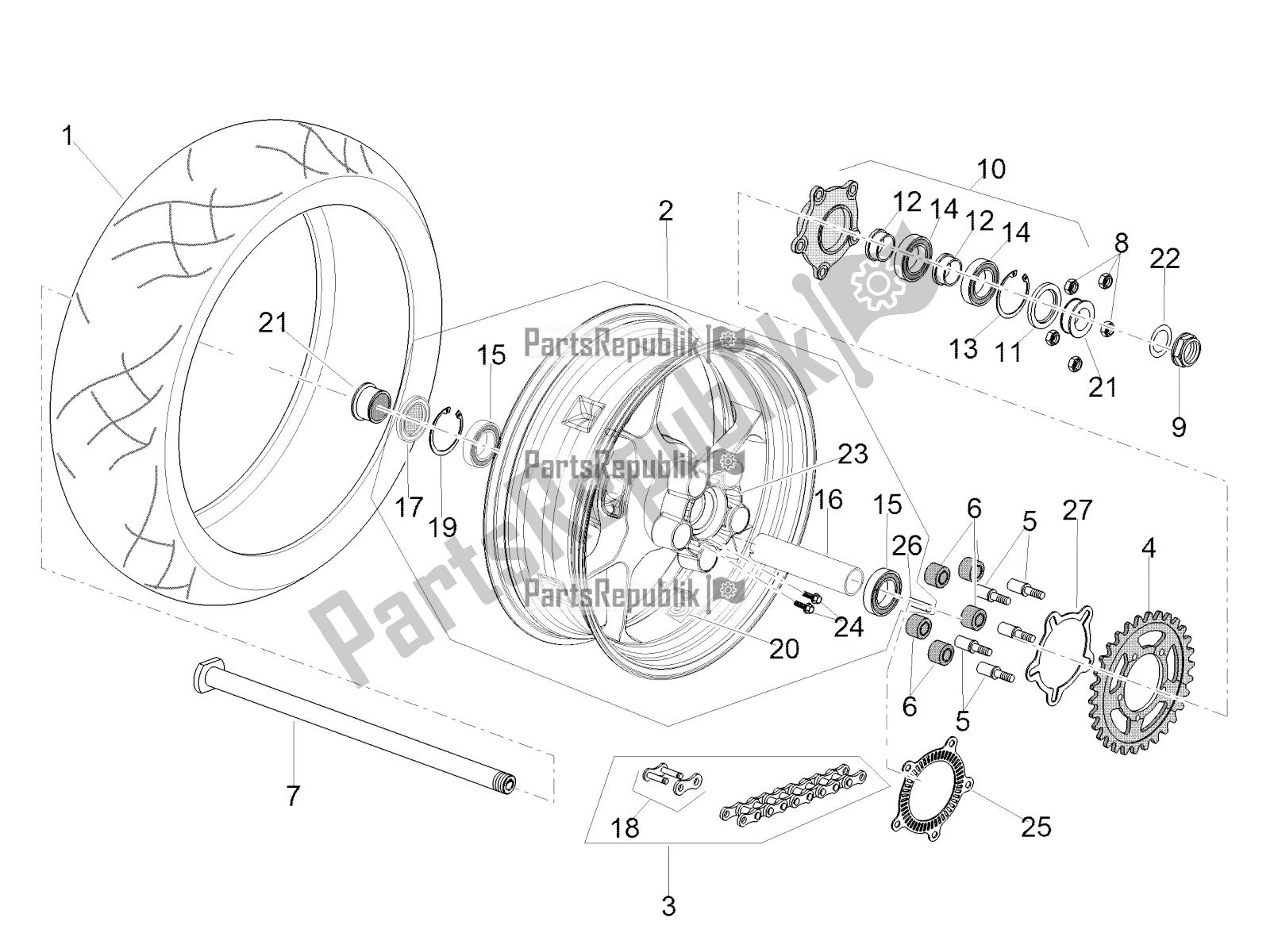 Alle Teile für das Hinterrad des Aprilia Tuono V4 Factory 1100 Superpole USA 2019