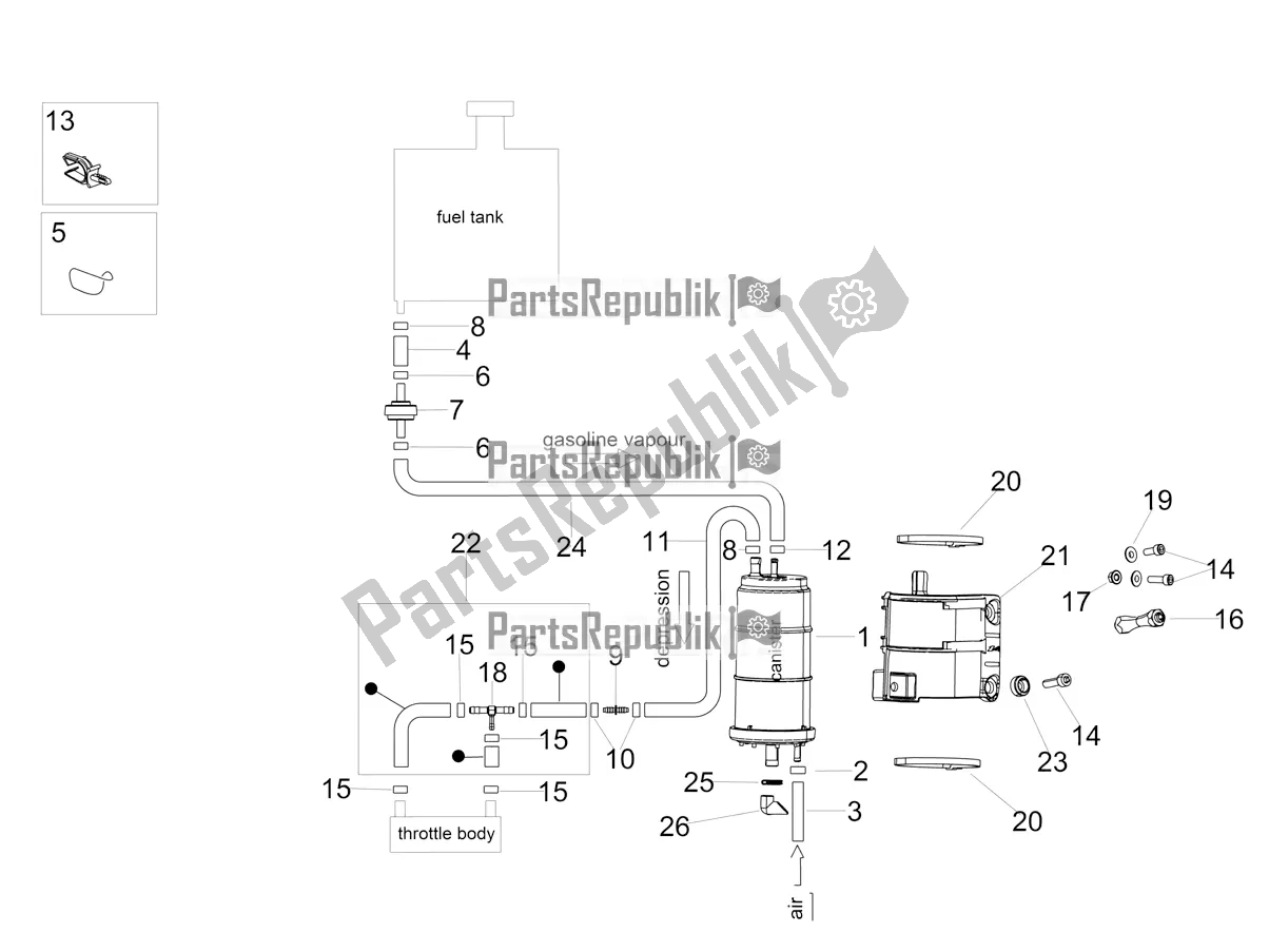 All parts for the Fuel Vapour Recover System of the Aprilia Tuono V4 Factory 1100 Superpole USA E4 2021