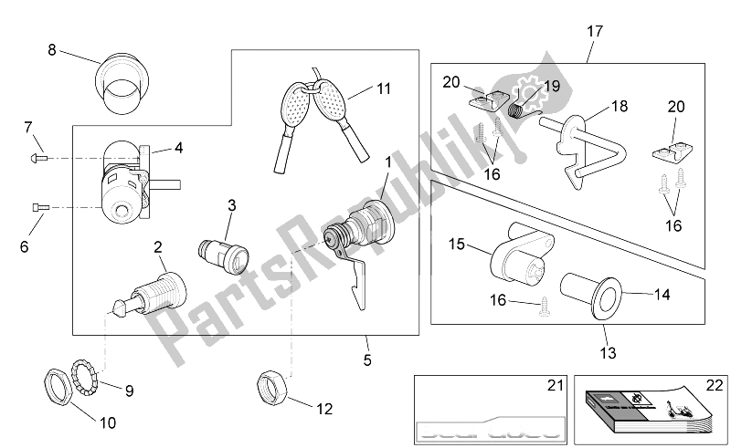 All parts for the Decal - Lock Hardware Kit of the Aprilia Scarabeo 100 4T E3 2014