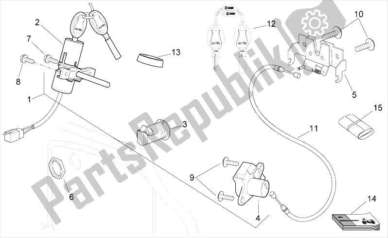 All parts for the Lock Hardware Kit of the Aprilia Sport City Cube 250 300 IE E3 2008