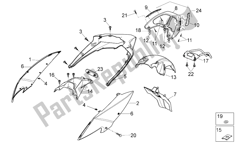 All parts for the Rear Body of the Aprilia Sport City ONE 50 4T 2V E2 2008