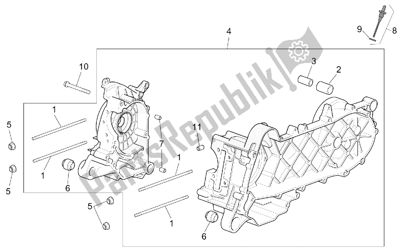 All parts for the Crank-case of the Aprilia Scarabeo 50 4T 2V E2 2002