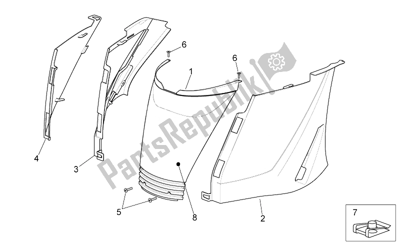 All parts for the Rear Body I of the Aprilia Sport City Cube 250 300 IE E3 2008