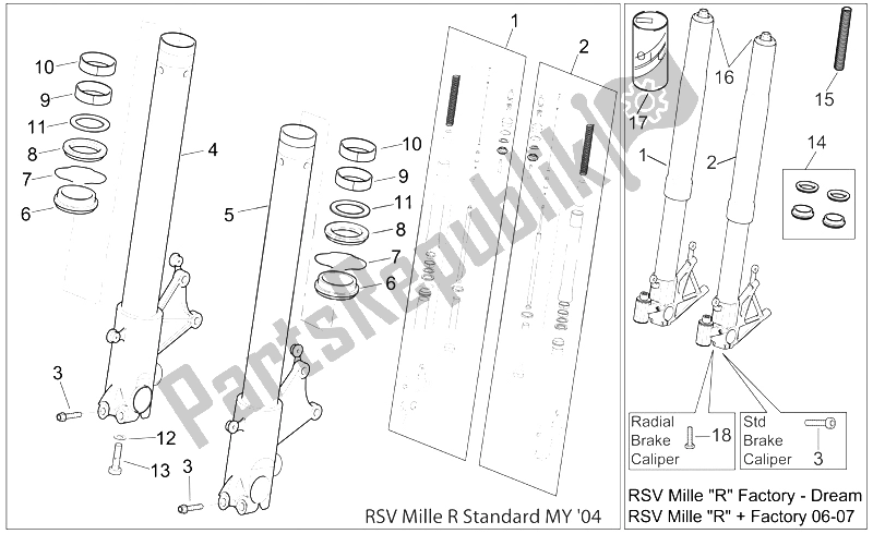 Toutes les pièces pour le Fourche Avant Ii du Aprilia RSV Mille Factory 1000 2004 - 2008