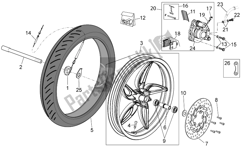 All parts for the Front Wheel - Disc Brake of the Aprilia Scarabeo 50 4T 4V 2014