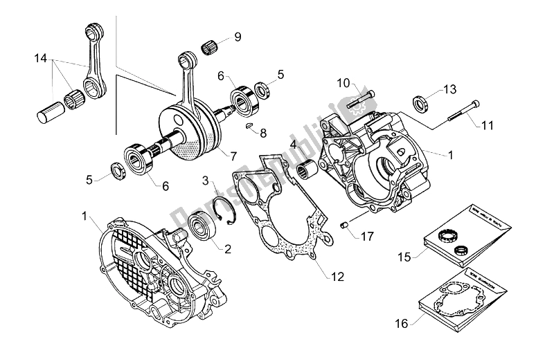 Alle onderdelen voor de Crank-case-connect. Rod Groep van de Aprilia Mini RX Challenge 50 2003