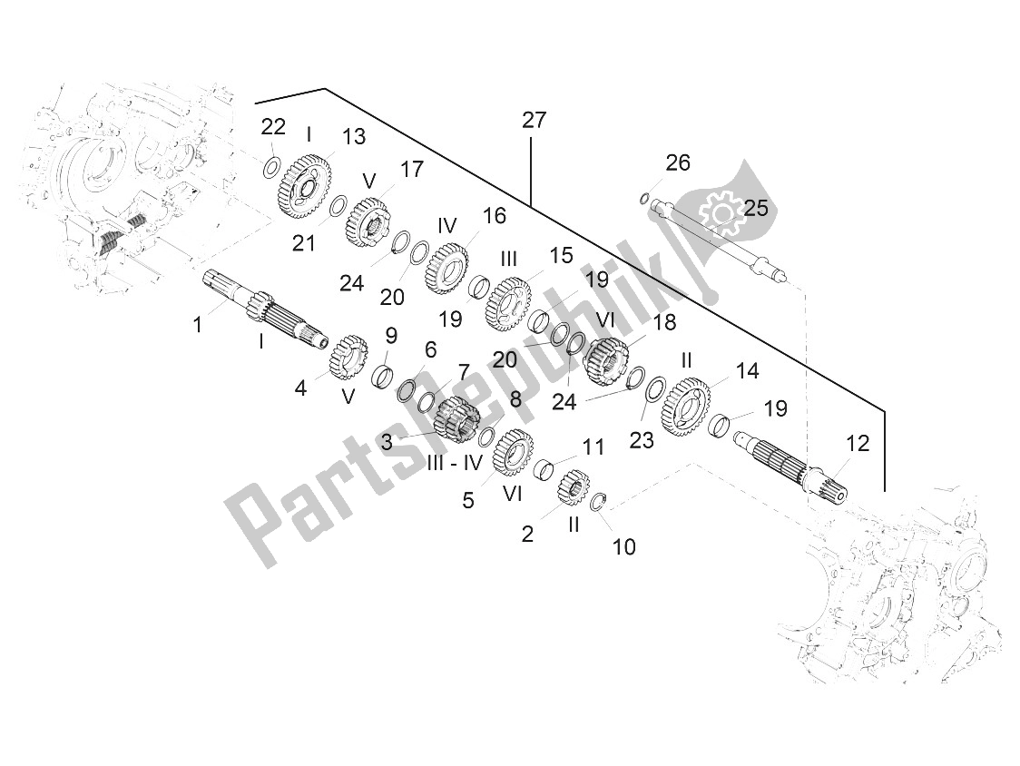 All parts for the Gear Box - Gear Assembly of the Aprilia Caponord 1200 USA 2015