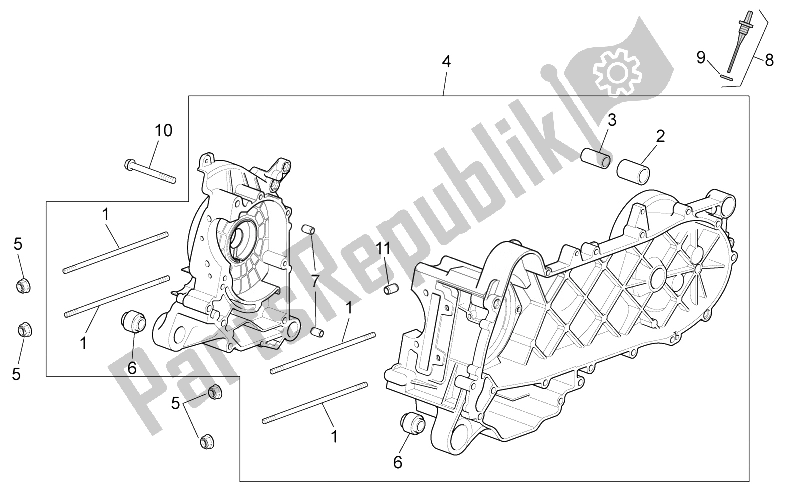 All parts for the Crank-case of the Aprilia Scarabeo 100 4T E3 2010