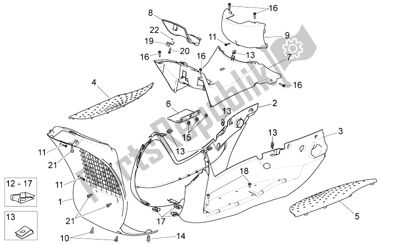 All parts for the Central Body of the Aprilia Scarabeo 400 492 500 Light 2006