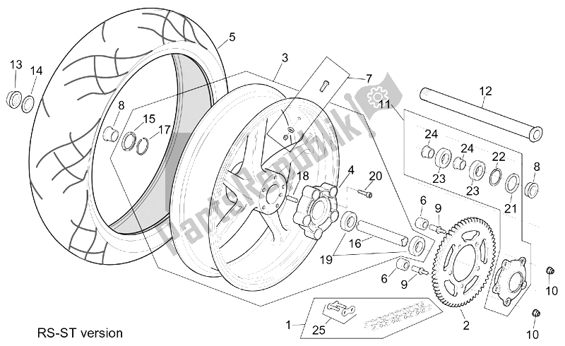 All parts for the St-rs Version Rear Wheel of the Aprilia RSV Tuono 1000 2002