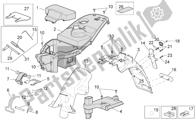 Alle Teile für das Hinterer Körper Ii des Aprilia Scarabeo 100 4T E3 2010