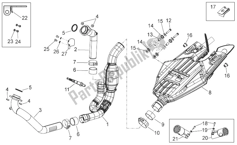 All parts for the Exhaust Unit of the Aprilia Shiver 750 USA 2011
