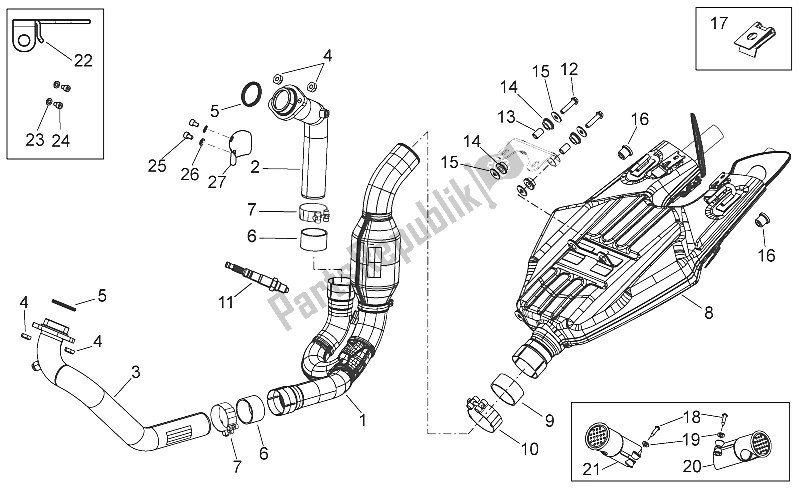 Alle onderdelen voor de Uitlaateenheid van de Aprilia Shiver 750 USA 2015