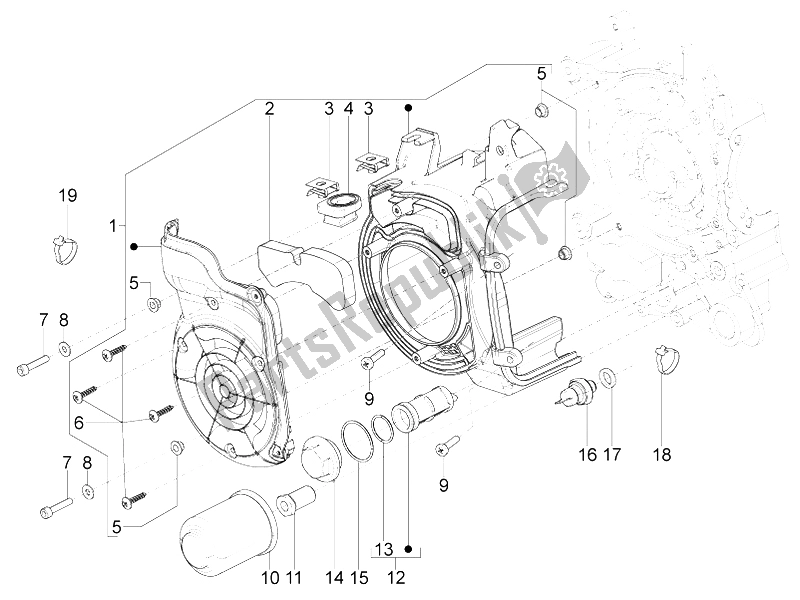 All parts for the Flywheel Magneto Cover - Oil Filter of the Aprilia SR Motard 125 4T E3 2012
