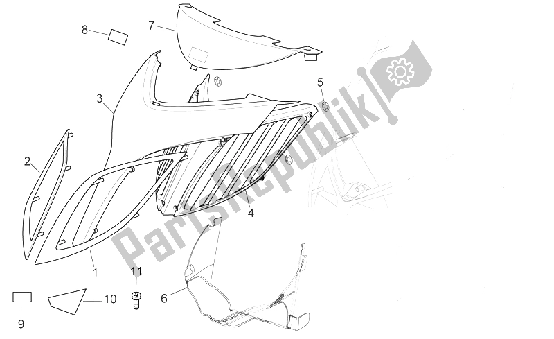 All parts for the Front Body - Front Cover of the Aprilia Sport City 125 200 250 E3 2006