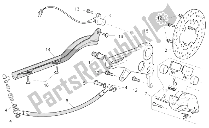 Alle onderdelen voor de Achter Remklauw van de Aprilia RSV Tuono 1000 2006