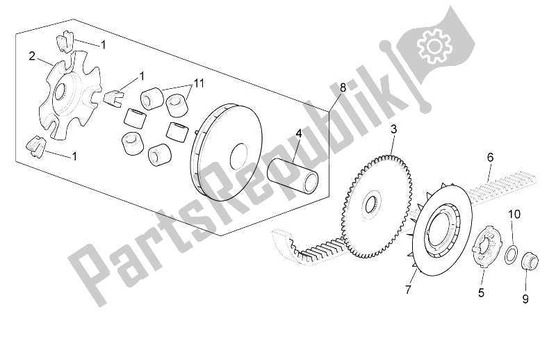 All parts for the Variator of the Aprilia Scarabeo 100 4T E3 2010