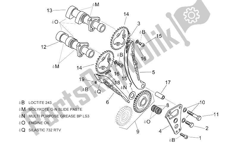 Alle onderdelen voor de Voorste Cilinder Timing Systeem van de Aprilia RSV Mille SP 1000 1999