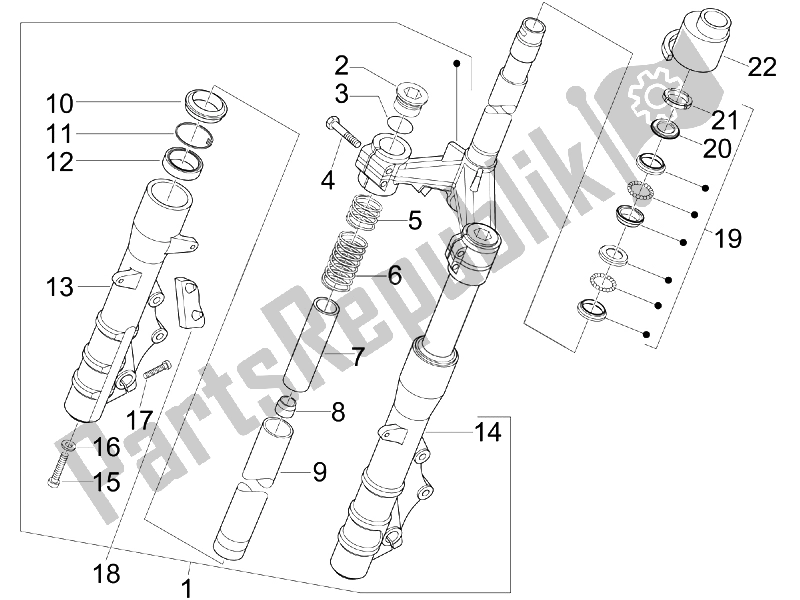 Alle onderdelen voor de Vork / Stuurbuis - Stuurlagereenheid van de Aprilia SR MAX 125 2011