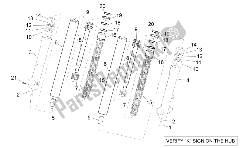 All parts for the Kaifa Front Fork - Hubs, Sleeves of the Aprilia Sport City 125 200 250 E3 2006