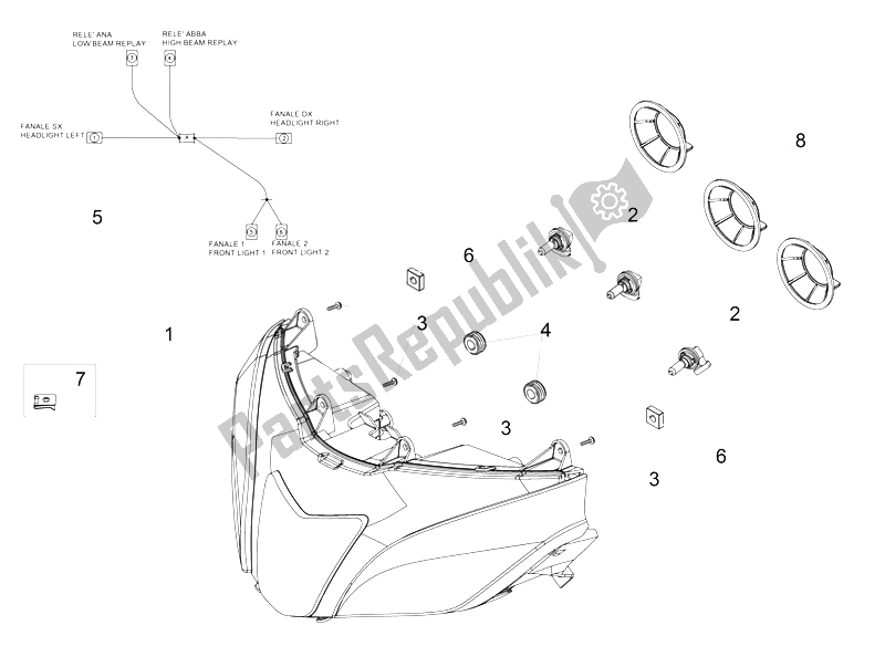 All parts for the Headlight of the Aprilia Tuono V4 1100 RR 2015