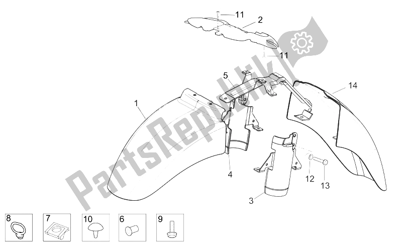 All parts for the Front Body - Front Mudguard of the Aprilia Scarabeo 125 250 E2 ENG Piaggio 2004