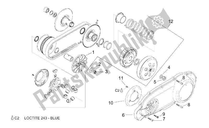 All parts for the Speed Variator W/ Clutch of the Aprilia Leonardo 125 150 ST 2001