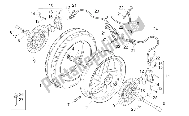 All parts for the Front Wheel of the Aprilia RS 250 1995