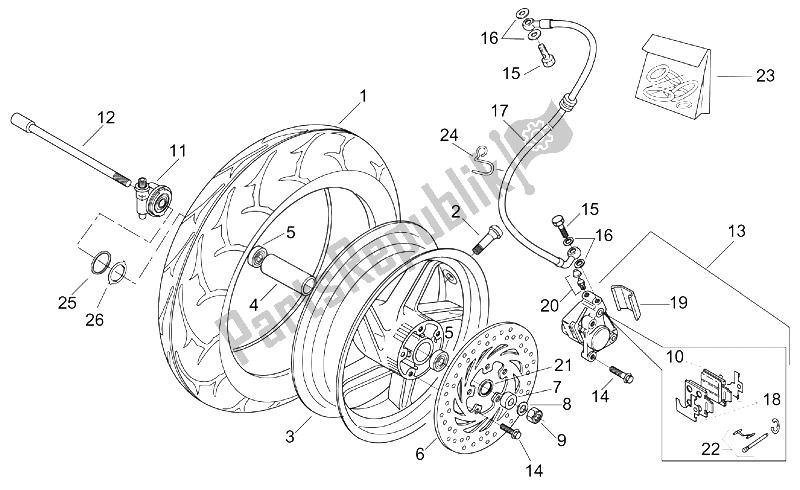 All parts for the Front Wheel of the Aprilia Leonardo 125 150 1999