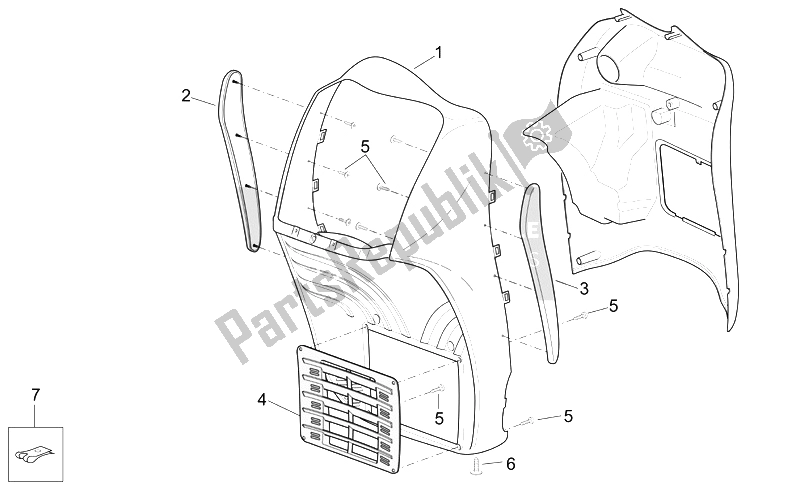 Tutte le parti per il Corpo Anteriore - Scudo Anteriore del Aprilia Scarabeo 125 200 E3 ENG Piaggio 2006