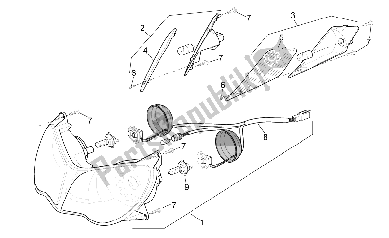 All parts for the Headlight of the Aprilia Sport City Cube 125 200 Carb E3 2008