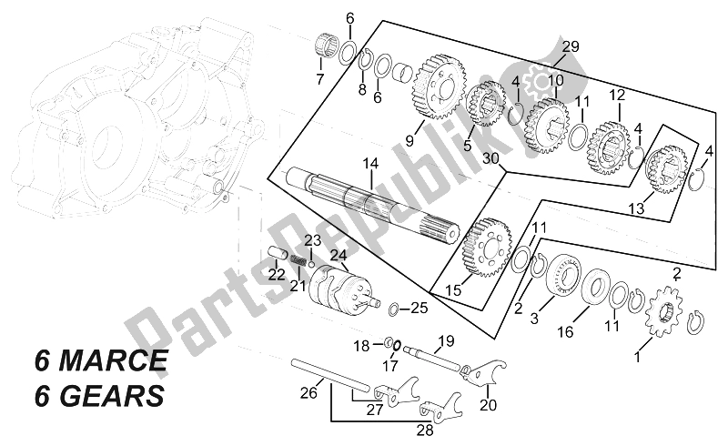 All parts for the Driven Shaft - 6 Gears of the Aprilia RS 50 1996