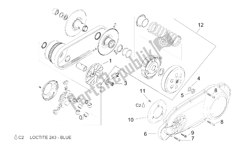 All parts for the Speed Variator W/ Clutch of the Aprilia Leonardo 125 150 1999