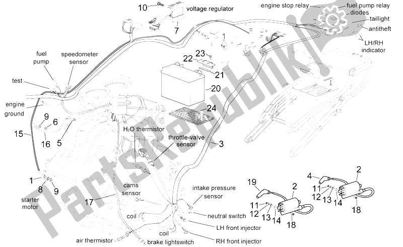 All parts for the Central Electrical System of the Aprilia RSV Mille 1000 2000