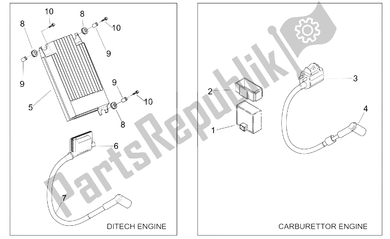 Alle onderdelen voor de Ontstekingseenheid van de Aprilia SR 50 H2O Ditech Carb 2000