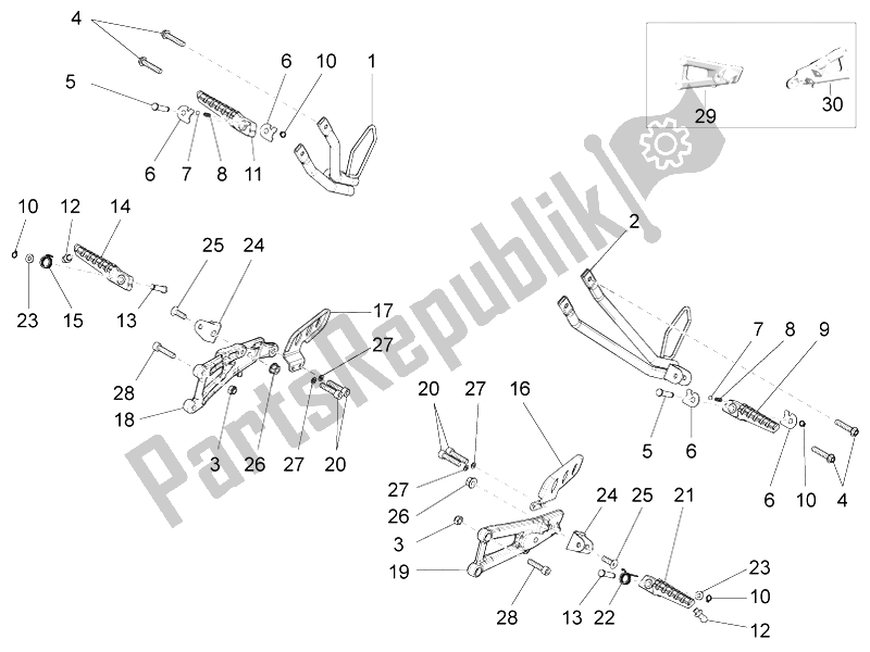 All parts for the Foot Rests of the Aprilia RS4 50 2T 2011