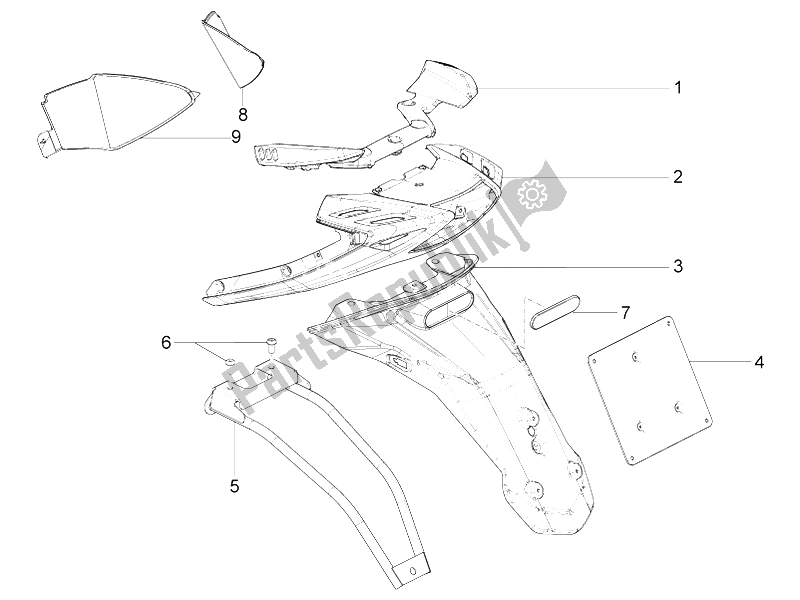Alle onderdelen voor de Achterklep - Spatscherm van de Aprilia SR Motard 50 2T E3 2012