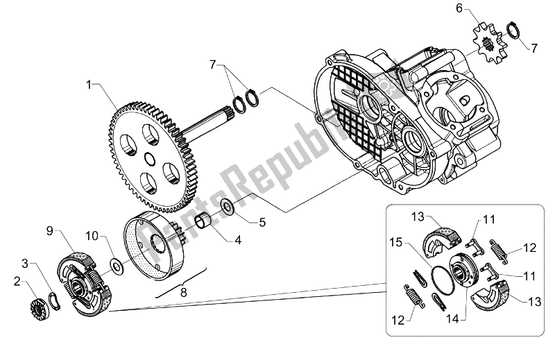 All parts for the Transmission-clutch of the Aprilia Mini RX Challenge 50 2003