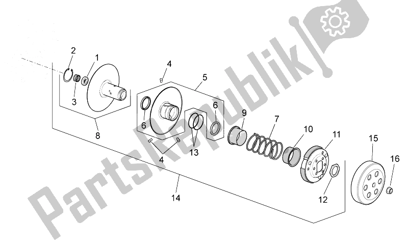 Alle onderdelen voor de Koppeling van de Aprilia Scarabeo 100 4T E3 2014