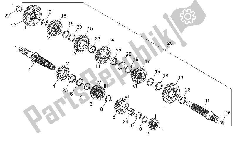 All parts for the Gear Box of the Aprilia Dorsoduro 750 ABS 2008